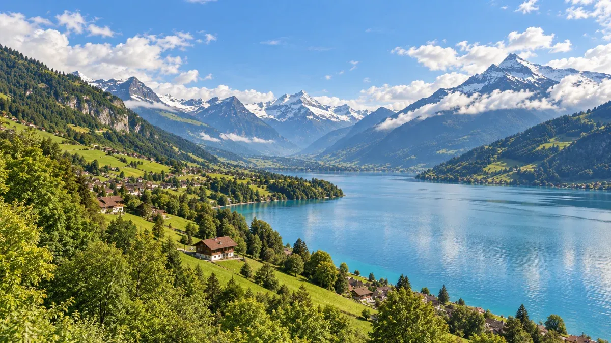 Paisaje alpino con lago visto desde la ventana del tren